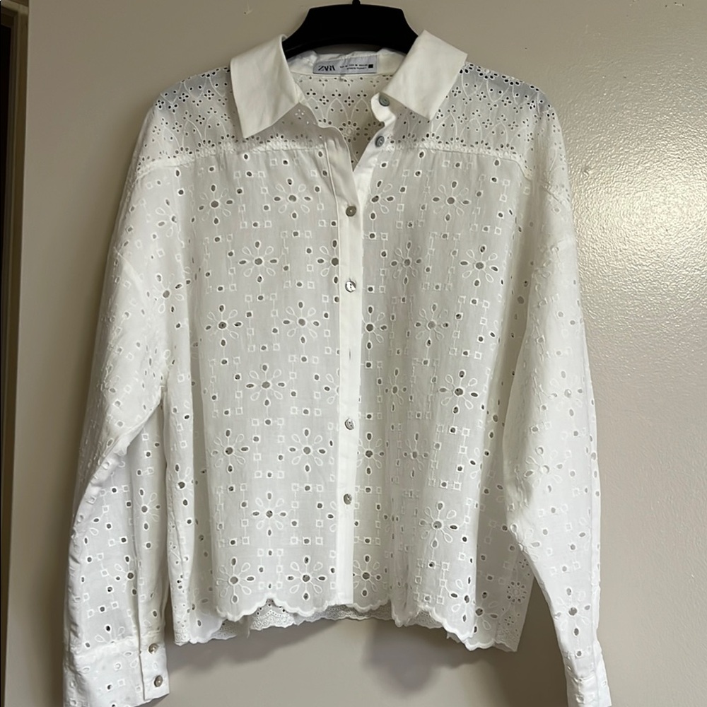 Zara eyelet cotton white shirt